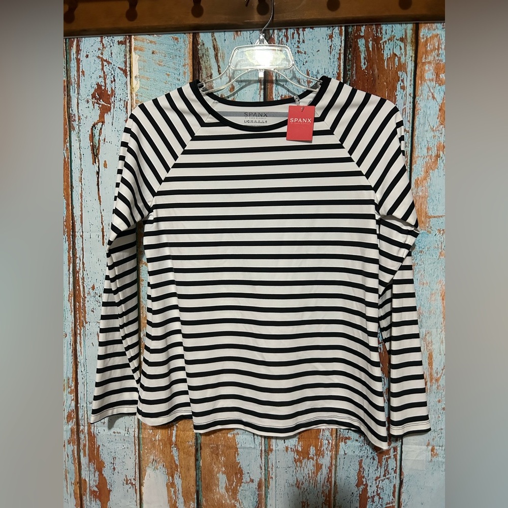 SPANX Black and White Striped Swim Top